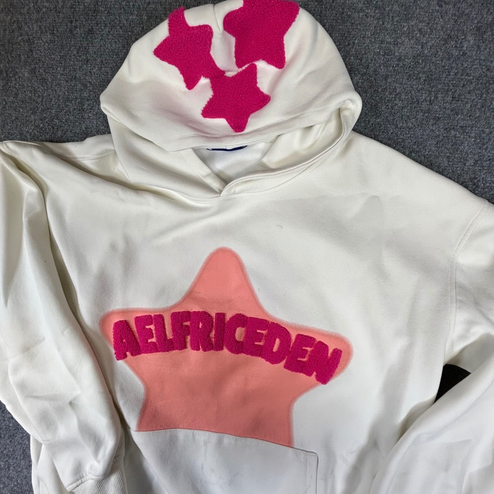 Aelfric Eden Mens XL White Pink Star Chenille Embroidery Hoodie Streetwear XL - Picture 2 of 8